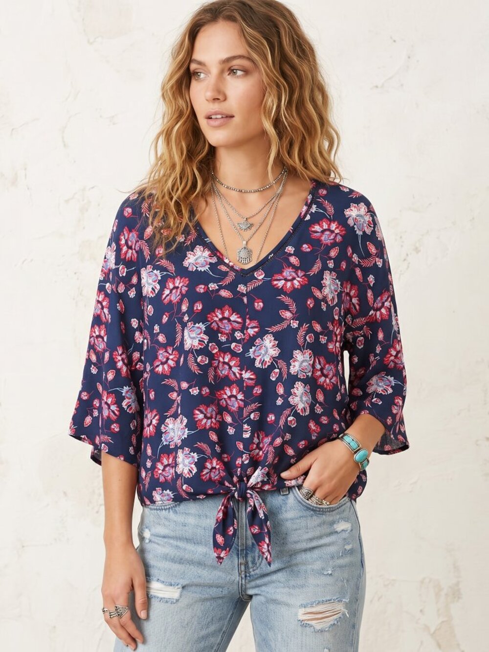 Como Vintage Boho Top XL Tie Front Navy Pink Whimsigoth Flowy Folk Coastal Indie
